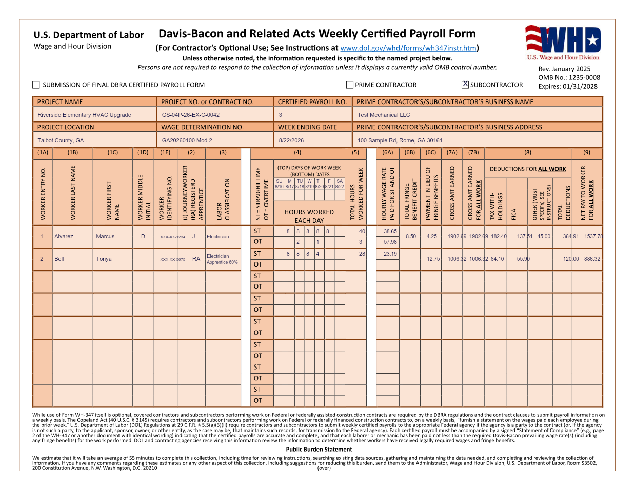 A completed WH-347 certified payroll form generated by WeeklyCertified